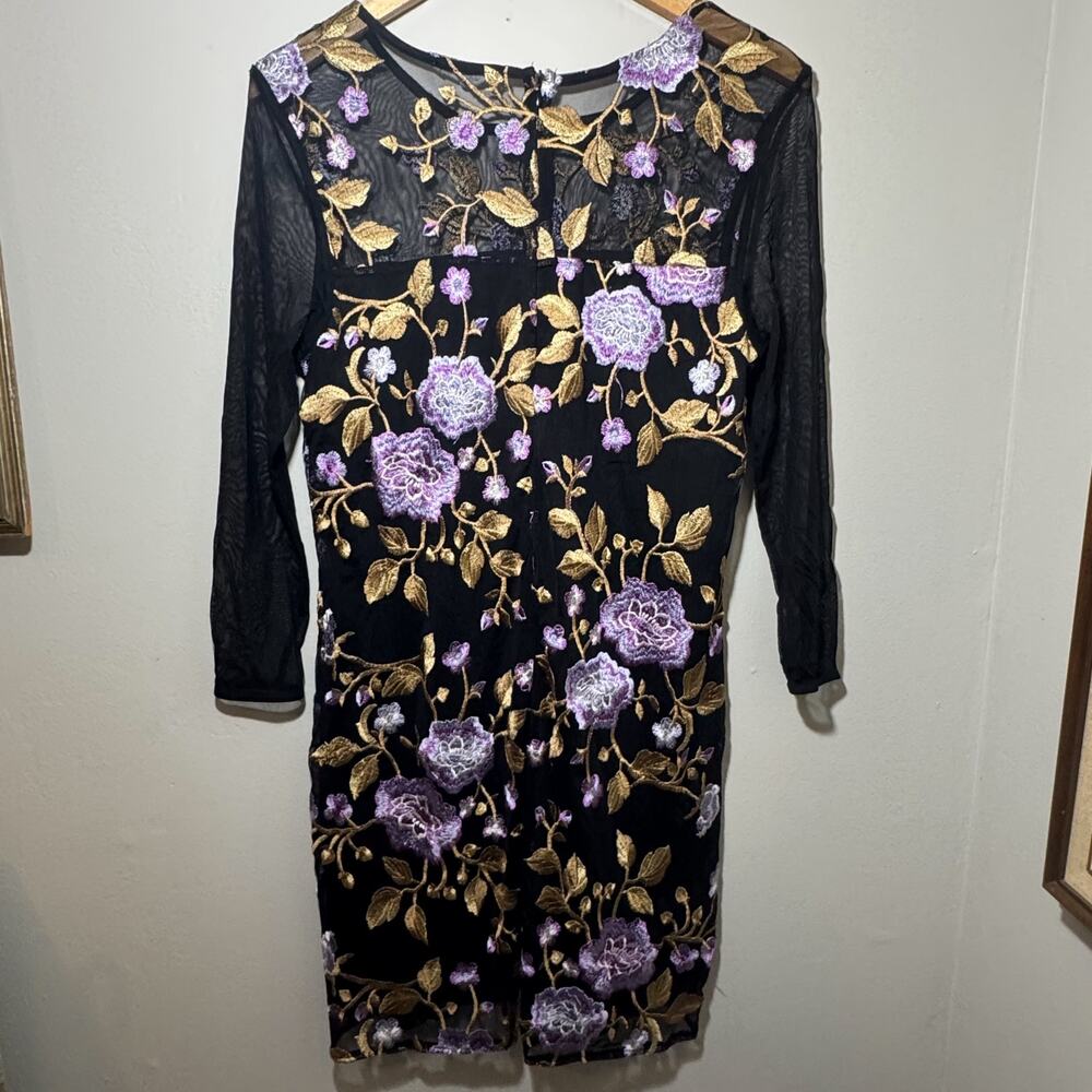 Jack by BB Dakota Black Floral Mesh Dress Sheer Sleeve Embroidered 9/10